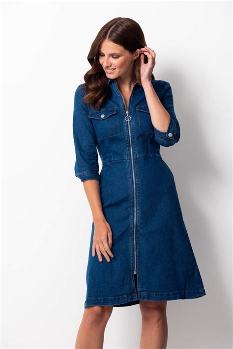 mid blue zip front denim dress with pockets denim dress womens denim