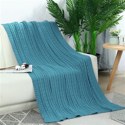 cotton soft blanket cable sofa chair throw knitted throw blankets teal blue