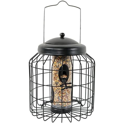 outdoor wild bird feeder black powder coated steel wire cage  clear plastic feeder tube