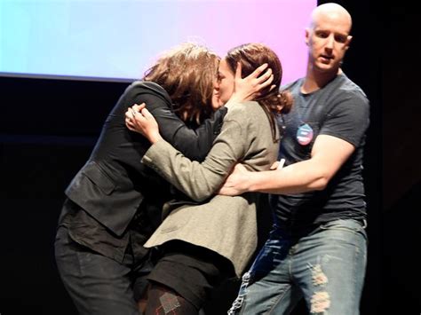 same sex marriage women kiss on stage in protest at no event