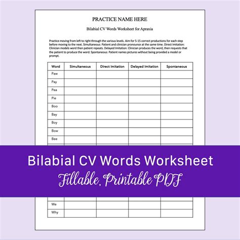 bilabial cv words worksheet  apraxia fillable printable etsy