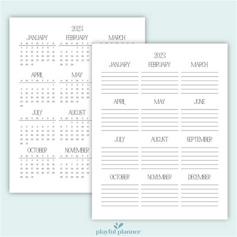year   glance printable template calendar