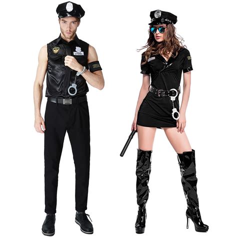 sexy couples black cop costumes halloween for women men game stage bar