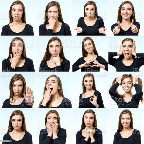 Collage Of Beautiful Girl With Different Facial Expressions Isolated