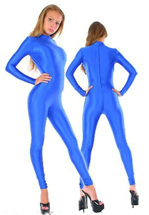 women long sleeve catsuits full body blue color lycra spandex party
