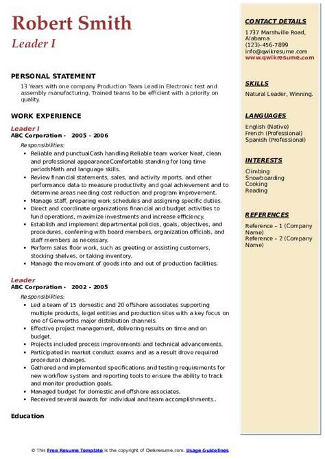 leader resume samples qwikresume