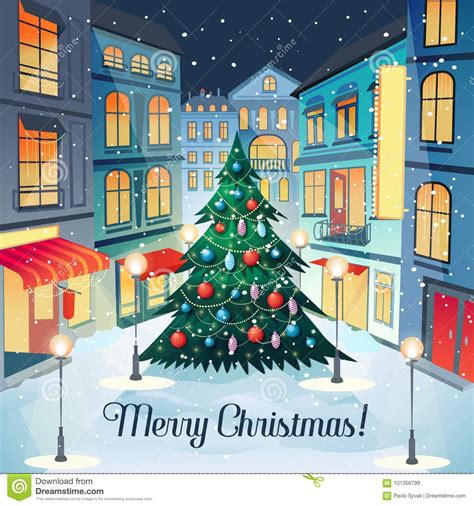 merry christmas vintage greeting card with christmas tree