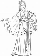 Chinese Hanfu Coloring Traditional Costume Woman China Pages Printable Drawing Kids sketch template
