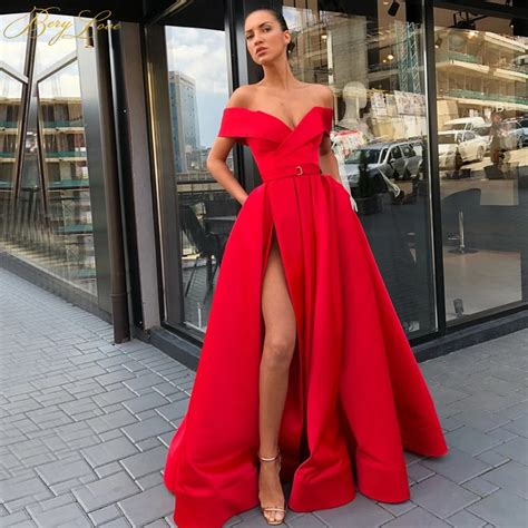 berylove bright red formal evening dress 2019 side sleeves off shoulder
