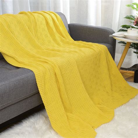 cotton cross cable knit throw blanket  sofa couch bed home bedding yellow