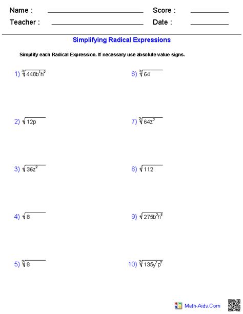 simplifying radicals worksheet algebra  worksheet resource plans