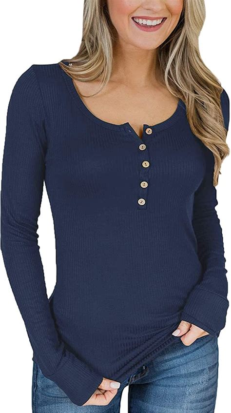 Zovailn Womens Long Sleeve Henley Shirts Button Down Scoop Neck Wokout