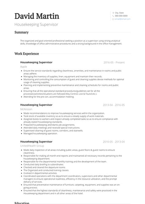 housekeeping resume samples  templates visualcv