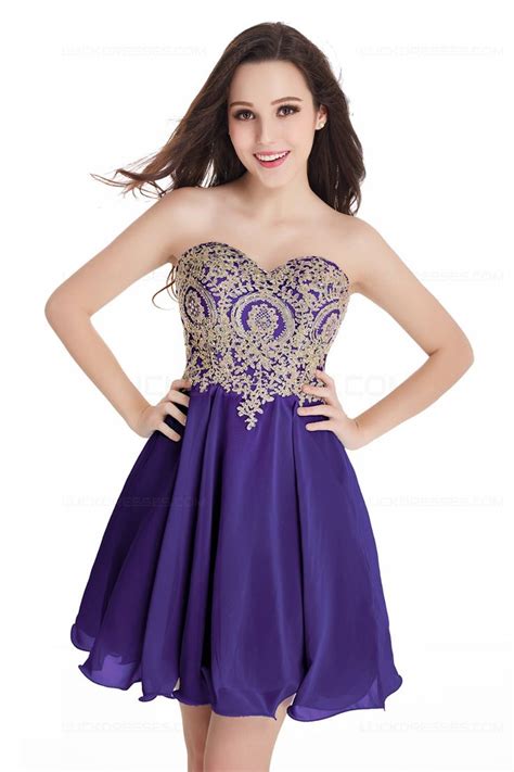 sweetheart gold lace appliques short purple prom dresses party evening gowns