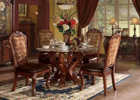dresden carved wood pc   glass top dining table set  cherry oak