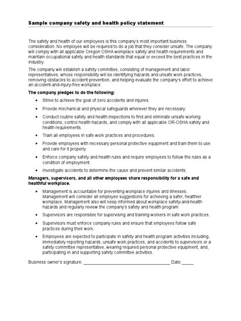 Sample Policy Statement Occupational Safety And Health Administration