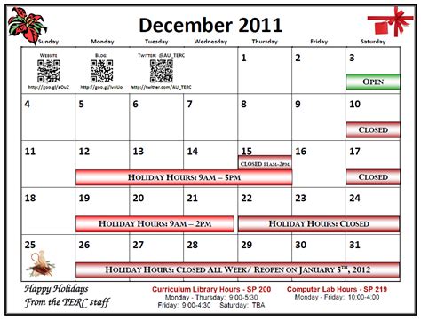 teacher education resource center december calendar special hours
