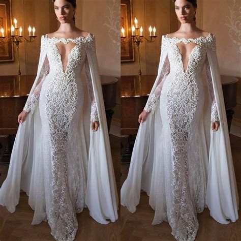 special design with cape white appliques lace evening dresses long