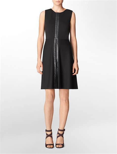 Lyst Calvin Klein Faux Leather Trim Sleeveless A Line Dress In Black