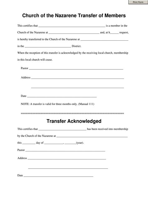 sample letter  transfer  church membership fill  sign