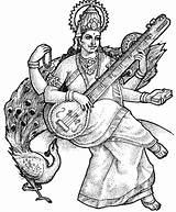 Saraswati Coloring Drawing Goddess Sketch Hindu Mata Clipart Krishna Gods Maa Puja Pencil Pages Goddesses Colouring Panchami Coloringpagebook Basant Mythology sketch template