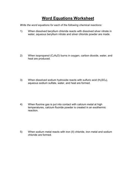 chemistry chemical word equations worksheet