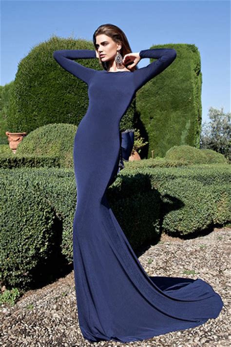 fantastic backless long sleeve navy jersey evening prom
