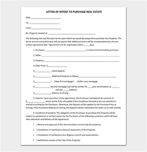 real estate letter  intent templates purchase  sell