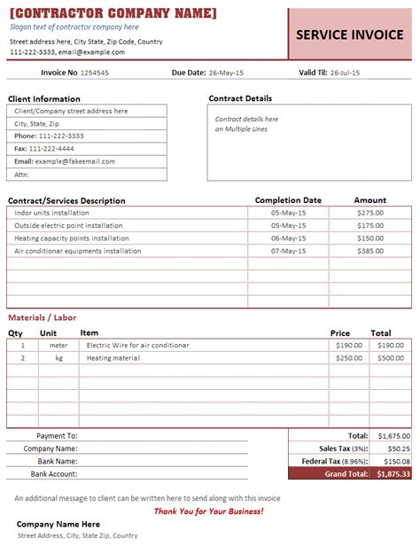contractor invoice template  ms excel