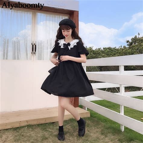 Japanese Harajuku Women Black Mini Party Dress Sailor Collar Bow