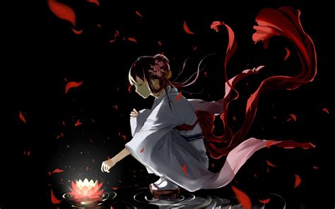 Japanese Women Anime Girl Kimono Red Lotus Flower