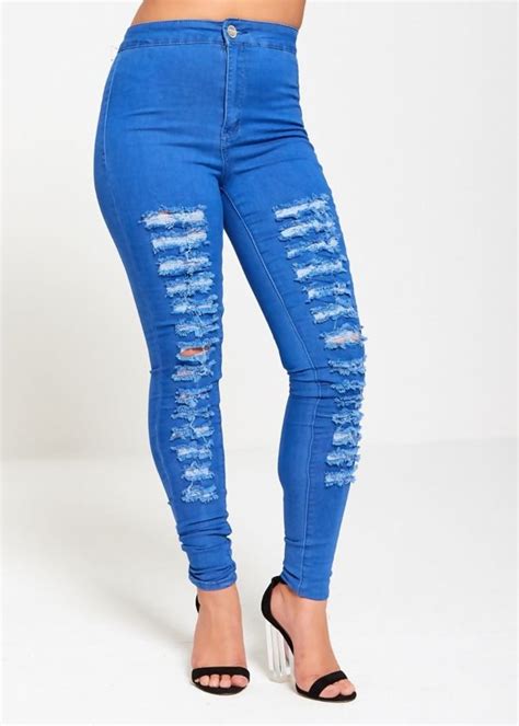 blue high waist extreme ripped skinny jeans