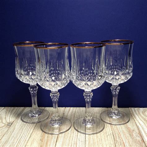 Set Of 4 Longchamp Gold Rimmed Crystal Wine Glasses 6 Oz