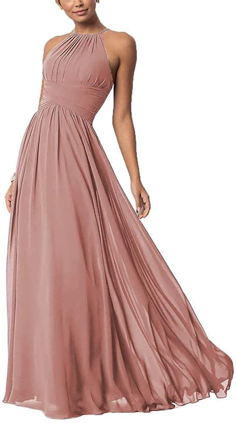amazoncom halter bridesmaid dresses long chiffon pleated aline prom  dusty rose
