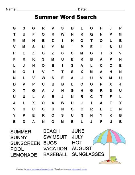 hard summer word search printable