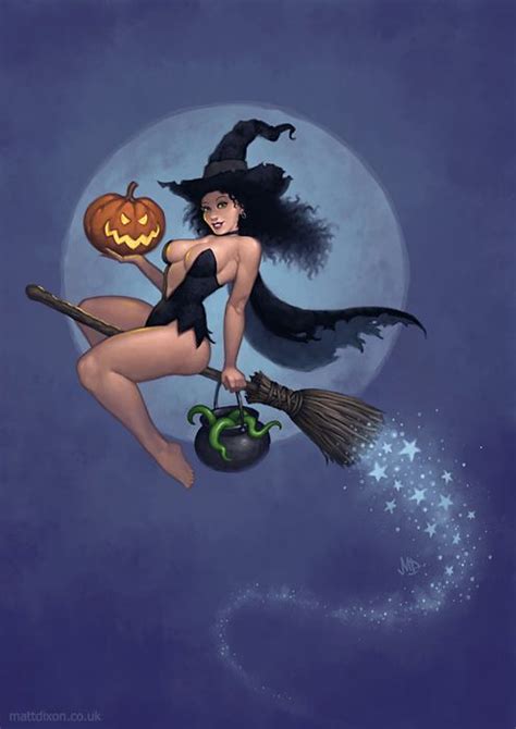 sexy witch on broom cauldron jack o lantern pumpkin moon and stars blue black