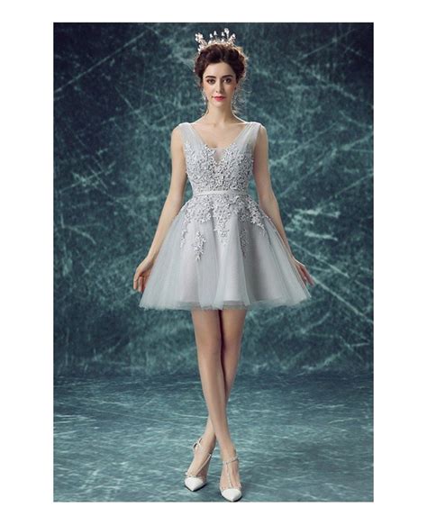 grey lace short tulle prom dresses a line v neck with appliques lace