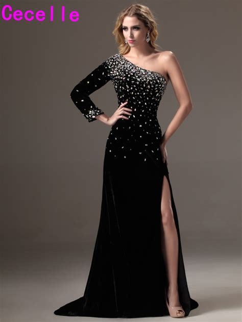 2019 new sexy long black one shoulder evening dresses