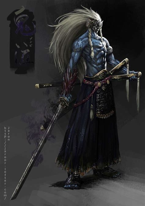 man  long hair holding  swords   hand  wearing  elaborate costume