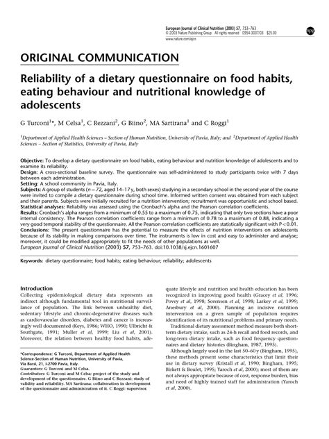 reliability   dietary questionnaire  food habits