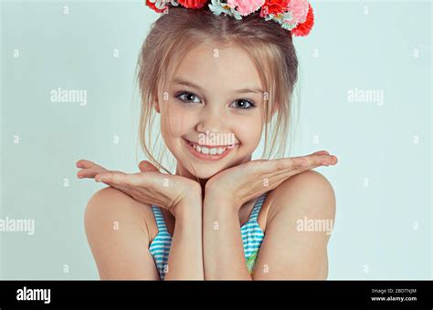 Sweet Smile Close Up Cute Happy Teen Girl Standing With Hands Fingers