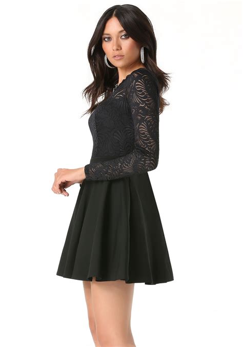 bebe lace backless flared dress in black lyst