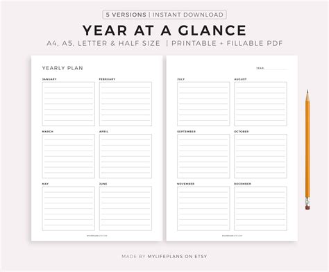 year   glance  page yearly planner printable  month etsy