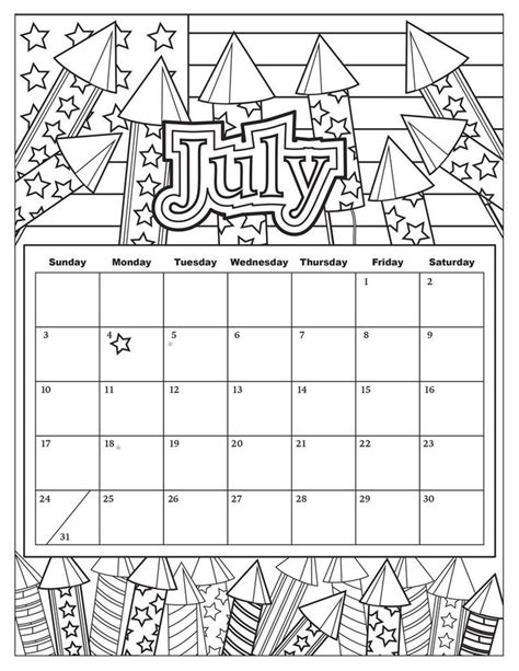 july calendar  fireworks theme coloring page coloring calendar