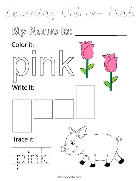 learning colors pink coloring page dnealian twisty noodle