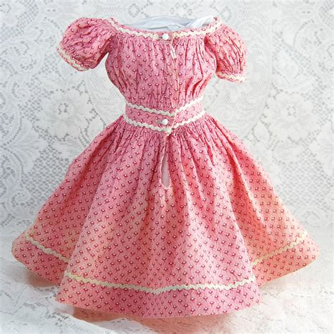 Antique Pink Calico China Doll Dress Handsewn Off Shoulder Cartridge