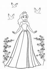Princess Coloring Pages Roses Birds sketch template