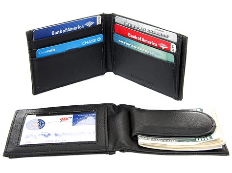 mens leather magnetic money clip slim credit card id holder  black