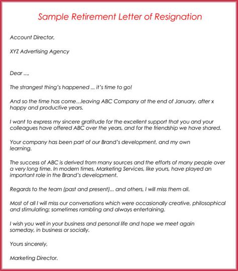 resignation letter due  retirement examples