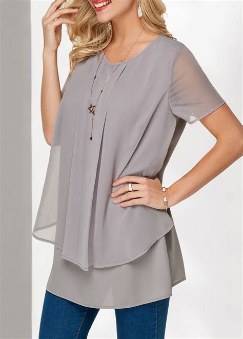 short sleeve light grey layered chiffon blouse  images chiffon tops blouses women